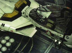 1980s_(style) 3d aircraft airplane choujikuu_yousai_macross cockpit fighter_jet gun gunpod hangar highres macross macross:_do_you_remember_love? mecha military military_vehicle no_humans official_art oldschool open_cockpit realistic retro_artstyle robot tenjin_hidetaka valkyrie vehicle_focus vf-1 weapon