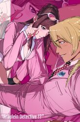 !? 1girl ace_attorney alternate_breast_size amikoiiko apollo_justice:_ace_attorney april_may april_may_(cosplay) bilingual_text black_shoes blonde_hair blue_eyes blush breast_pocket breasts brown_hair cleavage collared_shirt commentary cosplay crawling dark-skinned_male dark_skin diamond_(gemstone) drill_hair ema_skye english_text eyewear_on_head fingernails formal_clothes german_text half_updo heart heart-shaped_pupils highres index_ring jacket klavier_gavin lapels large_breasts long_fingernails long_hair long_sleeves looking_at_another looking_at_breasts miniskirt mismatched_eyebrows mixed-language_text necktie no_socks notched_lapels out_of_character paw_pose phoenix_wright:_ace_attorney pink-tinted_eyewear pink_background pink_jacket pink_lips pink_nails pink_shirt pleated_pants pocket polka_dot_necktie reclining redd_white redd_white_(cosplay) shirt shoes short_hair skirt sleeves_past_wrists smile suit suit_jacket sunglasses sweat symbol-only_commentary symbol-shaped_pupils tinted_eyewear two-tone_background two-tone_necktie white_background white_necktie white_shirt white_skirt zoom_layer