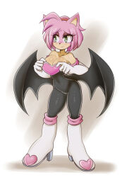 1girl amy_rose animal_ears bare_shoulders black_leotard blush boots breasts cosplay curvy detached_sleeves embarrassed full_body furry gloves green_eyes high_heels highres large_breasts leotard lucyfer pink_fur rouge_the_bat rouge_the_bat_(cosplay) sonic_(series) white_background wings