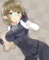 10s 1girl :d bow breasts checkered_background dungeon_ni_deai_wo_motomeru_no_wa_machigatteiru_darou_ka eina_tulle female_focus formal_clothes glasses gloves green_eyes large_breasts naka_akira open_mouth pants pointy_ears short_hair smile solo vest