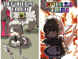 1girl absurdres apron backlighting before_and_after black_dress black_hair blush broken broken_weapon chibi chroong closed_mouth collar colored_inner_hair crying cuffs dress ellen_joe emphasis_lines ethereal_(zenless_zone_zero) explosion fins fish_tail frilled_wristband furrowed_brow gameplay_mechanics hairband highres holding holding_weapon legs_apart maid maid_apron maid_headdress medium_hair metal_collar metal_hairband monster multicolored_hair open_mouth over_shoulder pantyhose parted_bangs red_eyes red_hair scar scar_on_tail shark_tail sitting spiked_headband spikes standing tail tears two-tone_hair unhappy v-shaped_eyebrows weapon weapon_over_shoulder zenless_zone_zero