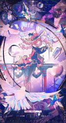 1girl bird black_dress black_hat braid dress english_text full_body hat highres large_hat long_sleeves original paper pink_eyes pink_hair profile puffy_long_sleeves puffy_sleeves smile solo twin_braids water witch_hat yan_zi_yao_yu