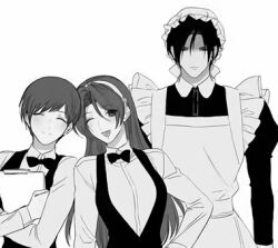 1boy 2girls asamiya_athena idol kusanagi_kyou kushinada_yuki maid maid_headdress multiple_girls psycho_soldier purple_hair smile snk the_king_of_fighters