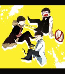 Rule 34 | 10s, 3boys, :&lt;, bad id, bad twitter id, bespectacled, black hair, bow, bowl cut, bowtie, cat, celty sturluson, celty sturluson (cosplay), cosplay, crossed legs, durarara!!, fukuyama jun, fur trim, glasses, hands in pockets, heiwajima shizuo, heiwajima shizuo (cosplay), kamiya hiroshi, kishitani shinra, kishitani shinra (cosplay), kuuya (akagane001), lab coat, letterboxed, long sleeves, male focus, matsuno choromatsu, matsuno ichimatsu, matsuno jyushimatsu, messy hair, multiple boys, necktie, ono daisuke, orihara izaya, orihara izaya (cosplay), osomatsu-kun, osomatsu-san, osomatsu (series), road sign, sign, sleeves past wrists, splatter, sunglasses, sweatdrop, voice actor connection, waiter, yellow background