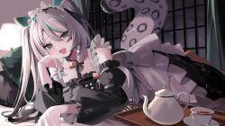 1girl absurdres animal_ears apron aqua_eyes aqua_hair bare_shoulders black_choker black_dress black_sky braided_sidelocks breasts cat_ears cheek_rest choker cloud cloudy_sky commission cross-laced_clothes cross-laced_sleeves cup curtains double-parted_bangs dress fang frilled_straps grey_hair grey_nails grey_tail hair_between_eyes hand_up highres hinamori_anthea indie_virtual_youtuber indoors light_particles long_sleeves lying maid multicolored_hair nail_polish night off-shoulder_dress off_shoulder on_bed on_stomach onodera_nire open_mouth pale_skin pillow red_pupils saucer second-party_source skin_fang sky slit_pupils small_breasts snow_leopard_tail solo streaked_hair teacup teapot tray tsurime twintails white_apron window