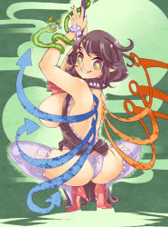 1girl ass asymmetrical_wings black_hair breasts clenched_teeth female_focus grin high_heels highres houjuu_nue large_breasts looking_back no_bra panties pole smile snake solo squatting stripper teeth thighhighs touhou tsuutenkaaku underwear white_thighhighs wings yellow_eyes