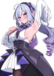 Rule 34 | 1girl, absurdres, arm up, armpit focus, armpits, black pantyhose, blush, bow, breasts, closed mouth, detached sleeves, dress, hairband, highres, long hair, looking at viewer, medium breasts, mekato, mole, mole under eye, multicolored hair, pantyhose, pleated skirt, pointy ears, presenting armpit, purple bow, purple hair, purple hairband, purple skirt, red eyes, shirt, sideboob, simple background, skirt, smile, solo, standing, two-tone hair, vivian banshee, white background, white shirt, white skirt, zenless zone zero