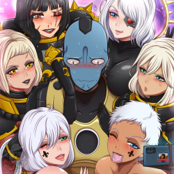 1boy 6+girls adepta_sororitas alien anger_vein armor bare_shoulders black_eyeshadow black_hair black_lips blonde_hair blue_eyes blush breasts brown_eyes bunny_ears_prank cellphone censored cleavage commentary drooling english_commentary eyeshadow facial_mark facial_scar facial_tattoo green_eyes harem highres interspecies lady_fantasma large_breasts lipstick makeup medium_hair mosaic_censoring multiple_girls nervous_sweating open_mouth phone pink_eyeshadow red_eyeshadow scar scar_across_eye scar_on_cheek scar_on_face scar_on_forehead scar_on_neck scar_on_shoulder see-through_cleavage see-through_clothes selfie selfie_stick short_hair shoulder_spikes single_mechanical_eye smartphone smile spikes sweat t&#039;au tan tattoo tongue tongue_out turtleneck warhammer_40k watermark wavy_mouth white_hair yellow_eyes