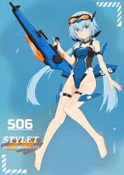 1girl absurdres barefoot blue_background blue_eyes blue_hair breasts character_name competition_swimsuit covered_navel frame_arms_girl full_body goggles goggles_on_head gun highres holding kotobukiya kotobukiya_bishoujo long_hair looking_at_viewer low_twintails one-piece_swimsuit rifle smile solo stylet swimsuit turkeysand_(fernandear_504) twintails variant_set weapon
