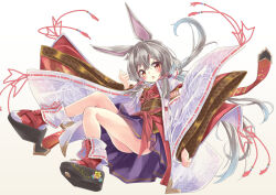 Rule 34 | 1girl, :o, animal ears, ass, blush, full body, gradient background, grey hair, hair between eyes, ichijiku (vrchat), japanese clothes, kimono, long hair, long sleeves, looking at viewer, miyama leaves, obi, open mouth, purple skirt, rabbit ears, red eyes, ribbon-trimmed sleeves, ribbon trim, sandals, sash, skirt, solo, tabi, thick eyebrows, very long hair, vrchat, white background, wide sleeves