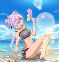 Rule 34 | 1girl, alternate hair length, alternate hairstyle, animal ears, arm support, bandaid, bandaid on arm, beach, bikini, blue sky, blush, breasts, cat ears, cat girl, cat tail, cleavage, cloud, collarbone, day, double bun, fingernails, full body, grey bikini, grin, hair bun, hand up, highres, hill, holding, holding water gun, hololive, kyo se, large breasts, lens flare, light particles, linea alba, long hair, mountainous horizon, nail polish, nekomata okayu, ocean, one eye closed, outdoors, pink hair, pink tail, purple eyes, purple nails, sidelocks, sitting, sky, smile, solo, sparkle, striped bikini, striped clothes, sunlight, swimsuit, tail, toenail polish, toenails, twisted torso, virtual youtuber, water gun, waves, wispy bangs