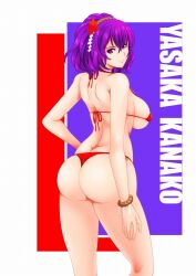 Rule 34 | 1girl, ass, bikini, breasts, character name, highres, large breasts, looking at viewer, looking back, purple hair, red bikini, red eyes, short hair, smile, solo, swimsuit, thong bikini, touhou, yamada satoshi, yasaka kanako