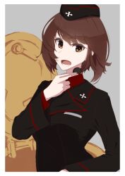 Rule 34 | 1girl, black hat, black jacket, brown eyes, brown hair, commentary, dress shirt, garrison cap, girls und panzer, hand to own mouth, hat, insignia, jacket, kuromorimine military uniform, long sleeves, looking at viewer, military hat, military uniform, nishizumi maho, open mouth, oritako, red shirt, shirt, short hair, solo, tank cupola, throat microphone, upper body, wing collar
