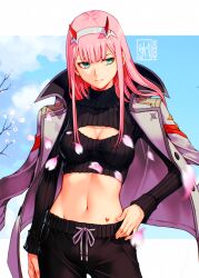 Rule 34 | 1girl, alternate costume, aqua eyes, arm at side, artist logo, black pants, black sweater, blue sky, border, breasts, cleavage, cleavage cutout, closed mouth, clothing cutout, commentary, cowboy shot, cropped sweater, darling in the franxx, falling petals, grey jacket, hand on own hip, highres, horns, jacket, jacket on shoulders, letterboxed, logo, long hair, medium breasts, midriff, navel, pants, petals, pink hair, pink petals, red horns, skaggshood, sky, solo, stomach, sweater, turtleneck, turtleneck sweater, white border, zero two (darling in the franxx)