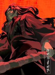 Rule 34 | 1boy, black eyes, black hair, black hanfu, black sash, black undershirt, chinese clothes, commentary, english commentary, from below, hanfu, high ponytail, highres, holding, holding weapon, jia qiu (project moon), limbus company, limited palette, long hair, long sleeves, looking at viewer, male focus, orange background, parted lips, ponytail, project moon, sailor collar, sash, scar, scar on face, solo, weapon, wide sleeves, xiao guan (headdress), yongsadragon