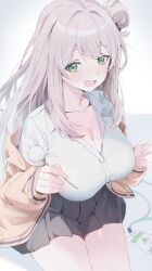 1girl :d absurdres black_skirt blonde_hair blue_archive blush breasts brown_cardigan cardigan cleavage collared_shirt commentary green_eyes grey_background hair_intakes hair_rings haluka_o0 highres holding id_card lanyard large_breasts long_hair long_sleeves mimikaki miniskirt nonomi_(blue_archive) off_shoulder open_cardigan open_clothes open_mouth pleated_skirt shirt single_hair_ring sitting skirt smile solo thighs two-tone_background white_background white_shirt