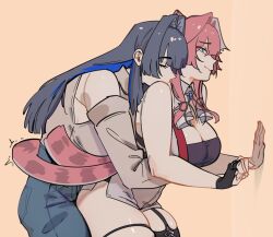 arms_around_waist blue_eyes blue_hair breasts cleavage denim hololive hololive_english jeans ouro_kronii ouro_kronii_(casual) pants pink_hair pomuya raora_panthera skindentation yuri