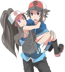1boy 1girl akihikohex baseball_cap blue_jacket boots brown_eyes brown_hair carrying denim denim_shorts exposed_pocket hat hilbert_(pokemon) hilda_(pokemon) jacket looking_at_another nintendo open_mouth pokemon pokemon_bw princess_carry shorts sweatdrop tears transparent_background wristband