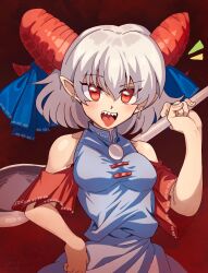 1girl bare_shoulders blue_bow blue_dress bow breasts commentary_request dress earrings eye_print grey_hair highres holding holding_spork horizontal_pupils horn_ornament horn_ribbon horns jewelry mandarin_collar meandros medium_hair oversized_object pointy_ears rectangular_pupils red_background red_eyes red_horns red_sleeves ribbon sharp_teeth sheep_horns small_breasts solo spork teeth tongue tongue_out touhou toutetsu_yuuma turtle-kun upper_body upper_teeth_only utensil