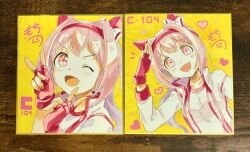 1girl ;d animal_ears arm_up blush_stickers bow breasts commentary_request double_v ear_bow fingerless_gloves flower-shaped_pupils gloves gym_shirt hairband hands_up haru_urara_(umamusume) heart highres horse_ears jacket long_hair long_sleeves looking_at_viewer moko39_takasora multiple_views one_eye_closed open_clothes open_jacket open_mouth photo_(medium) pink_eyes pink_hair ponytail red_gloves red_hairband salute shirt signature small_breasts smile symbol-shaped_pupils traditional_media umamusume upper_body v white_bow white_jacket white_shirt