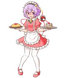 1girl alternate_costume apron blush commentary_request dress embarrassed enmaided eyeball food frilled_shirt_collar frills full_body hair_between_eyes hair_ornament hairband hands_up heart heart_hair_ornament highres holding holding_tray komeiji_satori looking_to_the_side maid mary_janes mizusoba omelet omurice pantyhose parted_lips pigeon-toed purple_eyes purple_hair raised_inner_eyebrows red_dress shoes short_hair simple_background solo third_eye touhou tray waist_apron white_background white_pantyhose