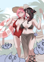 2girls absurdres beach bikini black_bikini black_hair black_nails braid braided_ponytail breasts cleavage_cutout clothing_cutout collarbone demon_horns gladiator_sandals hair_over_one_eye hat highres holding holding_swim_ring hololive hololive_english horns innertube jailbird_(nerissa_ravencroft) large_breasts long_hair looking_at_another mama_mori mamarissa mature_female multicolored_hair multiple_girls navel one-piece_swimsuit palm_tree pink_hair red_eyes red_hair red_one-piece_swimsuit sandals set7 side_braid streaked_hair sun_hat swim_ring swimsuit tree virtual_youtuber