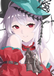 Rule 34 | 1girl, absurdres, angelfish, aqua hat, arknights, ascot, bare shoulders, black ascot, breasts, detached sleeves, dress, enqiddo, fish, hair between eyes, hair over shoulder, hat, highres, long hair, medium breasts, off-shoulder dress, off shoulder, official alternate costume, parted lips, portrait, red dress, red eyes, red sleeves, signature, simple background, skadi (arknights), skadi the corrupting heart (arknights), solo, teeth, tropical fish, white background, white hair