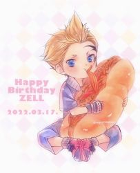 1boy black_gloves blonde_hair blue_eyes blue_shorts character_name checkered_background chibi dated eating facial_tattoo final_fantasy final_fantasy_viii fingerless_gloves food full_body full_mouth gloves happy_birthday highres holding holding_food hot_dog male_focus mohawk red_footwear ruy short_hair short_sleeves shorts sitting solo square_enix tattoo twitter_username zell_dincht