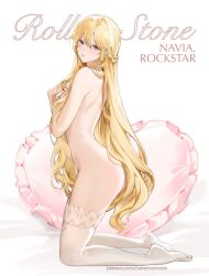 1girl blonde_hair blue_eyes character_name commentary cover covering_breasts covering_privates english_commentary fake_magazine_cover from_side genshin_impact heart heart-shaped_pillow highres kneeling long_hair magazine_cover navia_(genshin_impact) nevercrymoon no_shoes nude paid_reward_available parody pillow soles solo thighhighs thighs toes very_long_hair white_thighhighs