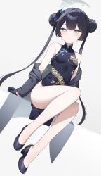 1girl absurdres black_gloves black_hair blue_archive braid braided_bun breasts butterfly_hair_ornament china_dress chinese_clothes double_bun dragon_print dress gloves grey_eyes grey_halo hair_bun hair_ornament halo high_heels highres jacket kisaki_(blue_archive) long_hair looking_at_viewer miyayoki pelvic_curtain pinstripe_jacket pinstripe_pattern print_dress sitting sleeveless sleeveless_dress small_breasts solo striped_clothes striped_jacket twintails vertical-striped_clothes vertical-striped_jacket very_long_hair