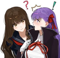 ! 2girls ? absurdres bb_(fate) bb_(fate/extra) black_sailor_collar blush brown_eyes brown_hair closed_mouth commentary_request fate/extra fate/extra_ccc fate_(series) hair_ribbon high_collar highres kishinami_hakuno_(female) korean_commentary long_hair multiple_girls neck_ribbon neckerchief open_mouth purple_eyes purple_hair red_neckerchief red_ribbon ribbon sailor_collar school_uniform simple_background tsukumihara_academy_uniform_(fate/extra_ccc) white_background yammu yuri