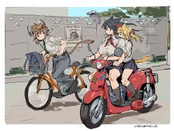 1boy 2girls alternate_costume animal_ears arknights bag basket bicycle bison_(arknights) black_hair black_skirt black_socks blonde_hair breasts cow_boy cow_ears cow_horns cow_tail grey_pants highres horns kneehighs lappland_(arknights) large_breasts motor_vehicle motorcycle multiple_girls mutomorokoshi on_motorcycle pants pleated_skirt riding riding_bicycle school_bag school_uniform seaborn_(arknights) skirt socks sora_(arknights) tail texas_(arknights) toned toned_female wolf_ears wolf_girl wolf_tail