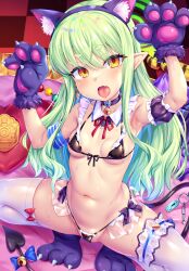 1girl animal_ears animal_hands armband armpits bell bikini black_bikini blue_archive blue_armband blue_bow bow breasts cat_ears cat_paws choker demon_girl demon_tail detached_collar fake_animal_ears fang frilled_armband frills front-tie_bikini_top front-tie_top gloves green_hair green_halo halo highres hikari_(blue_archive) jingle_bell long_hair looking_at_viewer maid maid_bikini micro_bikini mismatched_thighhighs navel neck_bell open_mouth paw_gloves paw_shoes pointy_ears skin_fang small_breasts solo spread_legs squatting sweat swimsuit tail tail_bell tail_bow tail_ornament thick_eyebrows thighhighs toraishi_666 unconventional_maid white_thighhighs yellow_eyes