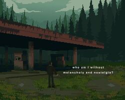 Rule 34 | 1boy, abandoned, brown hair, cloud, cloudy sky, dark, dirt road, english text, fog, forest, gas station, grass, green theme, highres, mountainous horizon, muted color, nature, onlypixeeels, original, outdoors, overgrown, pixel art, road, ruins, rust, scenery, short hair, sky, solo