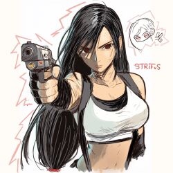 1girl aiming bare_shoulders black_hair black_skirt breasts chibi chibi_inset collarbone crop_top dog_sticker elbow_gloves final_fantasy final_fantasy_vii final_fantasy_vii_remake fingerless_gloves fingernails gloves gun hair_ribbon handgun head_down highres holding holding_gun holding_weapon jaggy_lines large_breasts long_hair looking_at_viewer low-tied_long_hair midriff navel pink_lips pompompurin red_eyes red_ribbon ribbon signature simple_background skirt snoopy solo sticker strifvs suspenders tifa_lockhart upper_body v weapon white_background