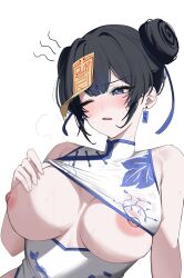 1girl absurdres black_hair blue_eyes breasts china_dress chinese_clothes double_bun dress earrings floral_print_dress hair_bun highres jewelry large_breasts minox2n nipple_slip nipples ofuda ofuda_on_head one_eye_closed open_mouth original print_dress short_hair simple_background solo upper_body white_background white_dress