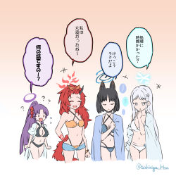 4girls absurdres animal_ears bikini black_bikini black_hair blue_archive blue_bikini blue_halo blush breasts cat_ears cat_girl cleavage criss-cross_straps denim denim_shorts dragon_girl dragon_tail eyewear_on_head fang flower gradient_tail hair_flower hair_ornament halo highres horns hyakkaryouran_(blue_archive) kikyou_(blue_archive) kikyou_(swimsuit)_(blue_archive) large_breasts long_hair multiple_girls nagusa_(blue_archive) nagusa_(swimsuit)_(blue_archive) navel official_alternate_costume official_alternate_hairstyle open_mouth ponytail purple_hair red_hair red_halo renge_(blue_archive) renge_(swimsuit)_(blue_archive) sakimiya_(inschool) short_hair shorts single_horn smile snowflake_hair_ornament swimsuit tail translation_request white_bikini white_eyes white_hair yellow_bikini yukari_(blue_archive) yukari_(swimsuit)_(blue_archive)