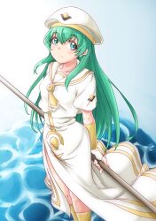 1girl alice_carroll aqua_eyes aria_(manga) arms_behind_back beret blue_background blush closed_mouth collarbone commentary dress feet_out_of_frame fingerless_gloves gloves gold_trim gradient_background green_hair grey_background hair_between_eyes hat highres holding holding_oar long_dress long_hair looking_at_viewer mono9ron oar orange_planet_uniform sailor_collar short_sleeves side_slit sidelocks smile solo standing very_long_hair water white_dress white_hat