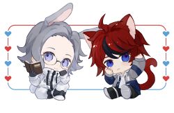 2boys ahoge animal_ears aotsuki_eito asako_(pixiv_5702576) black_gloves black_hair black_shoes blue_eyes book border cat_ears cat_tail chibi coat commentary flipped_hair frown glasses gloves grey_hair grey_jacket hands_up heart highres holding holding_book jacket looking_at_viewer male_focus multicolored_hair multiple_boys open_clothes open_shirt pants purple_eyes rabbit_ears rabbit_tail red_hair shoes short_hair simple_background smile streaked_hair sumino_takumi tail the_hundred_line_-last_defense_academy- white_background white_coat white_pants