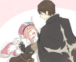 1boy 1girl :d atelier_(series) atelier_rorona black_cape black_gloves brown_dress brown_hair cape capelet closed_eyes closed_mouth commentary_request dress facing_another gloves hat heart holding_hands interlocked_fingers karasumi_(aiseec) long_sleeves looking_at_another open_mouth pink_hair pink_hat rorolina_frixell short_hair smile standing sterkenburg_cranach sweatdrop white_capelet