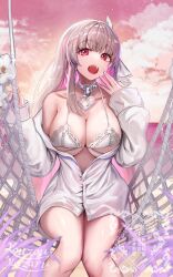1girl belt_collar bikini bra collar goddess_of_victory:_nikke hammock heart_collar highres horns kozou_kazaru lace lace-trimmed_bikini lace_trim light_brown_hair official_alternate_costume on_hammock pearl_bikini solo swimsuit underwear viper_(nikke) viper_(shine_of_love)_(nikke) white_bikini white_bra white_collar white_horns white_nails