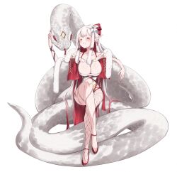 1girl animal asymmetrical_legwear blush breasts chinese_zodiac cleavage colored_eyelashes crossed_legs dress earrings esto_0079 fishnet_thighhighs fishnets flower full_body fur_shawl hair_flower hair_ornament highres jewelry large_breasts long_hair looking_at_viewer mole mole_under_eye multicolored_hair nail_polish open_mouth original outstretched_arms oversized_animal pointy_ears red_eyes red_footwear red_hair shawl short_hair simple_background slit_pupils smile snake solo spread_arms teeth thighhighs toes two-tone_hair very_long_hair white_background white_dress white_eyelashes white_hair year_of_the_snake