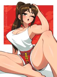 1girl 333_(dqqqdle) arm_support bare_arms bare_legs bare_shoulders barefoot blush breasts brown_eyes brown_hair cleavage commentary dolphin_shorts english_commentary fatal_fury feet_out_of_frame hand_on_own_head high_ponytail knee_up large_breasts long_hair looking_at_viewer official_alternate_costume one_eye_closed open_mouth ponytail red_shorts shiranui_mai shorts sidelocks sitting solo street_fighter street_fighter_6 tank_top the_king_of_fighters white_tank_top