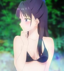 Rule 34 | 1girl, bikini, black hair, blush, breasts, cleavage, hand under chin, highres, miyao nemu, nervous, solo, stitched, swimsuit, third-party edit, water, witch watch