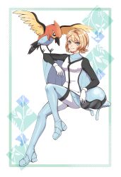 Rule 34 | 1girl, ayan ip, bird, blonde hair, bodysuit, breasts, closed mouth, commentary, covered collarbone, eyelashes, fletchinder, flight suit, full body, gen 6 pokemon, gloves, grey eyes, helmet, highres, looking at viewer, nintendo, pokemon, pokemon (creature), pokemon adventures, serena (pokemon), short hair, smile, stirrup legwear, symbol-only commentary, toeless legwear, unworn headwear, unworn helmet, white background, white gloves