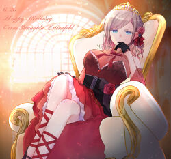 1girl alternate_costume bare_shoulders black_gloves black_shoes blue_eyes breasts ceras_yanagida_lilienfeld character_name closed_mouth commentary_request dated detached_sleeves dress feet_out_of_frame gloves gold_tiara grey_hair half_gloves happy_birthday haz large_breasts link!_like!_love_live! looking_at_viewer love_live! medium_dress red_dress red_ribbon ribbon shoes sitting sitting_on_throne sleeveless sleeveless_dress smile solo swept_bangs throne virtual_youtuber