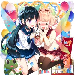 2girls anna_(uchi_no_hime-sama_ga_ichiban_kawaii) balloon black_hair black_socks black_thighhighs blunt_bangs kanna_(uchihime) loafers long_hair multiple_girls open_mouth pink_hair piyokichi_(uchihime) purple_eyes salt_(salty) school_uniform shoes short_hair socks thighhighs uchi_no_hime-sama_ga_ichiban_kawaii very_long_hair wings