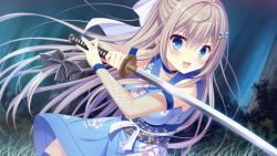 1girl :d black_bow blue_eyes blue_kimono blush bow da_capo da_capo_iv detached_sleeves dutch_angle fishnet_sleeves fishnets forest game_cg hair_between_eyes hair_bow hair_ornament holding holding_sword holding_weapon japanese_clothes katana kimono light_brown_hair long_hair long_sleeves nature night ninja open_mouth outdoors sagisawa_arisu short_kimono sleeveless sleeveless_kimono smile solo standing sword thighhighs very_long_hair weapon white_bow zettai_ryouiki