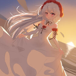 Rule 34 | 1girl, absurdres, breasts, bridal gauntlets, bride, commentary request, dress, dress tug, evil king, gradient sky, highres, honkai (series), honkai impact 3rd, long hair, looking at viewer, ocean, outdoors, red eyes, sky, small breasts, solo, sunset, theresa apocalypse, theresa apocalypse (luna kindred), wedding dress