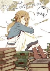 1girl abara_heiki book brown_eyes brown_hair dress hair_between_eyes highres long_hair looking_at_viewer monica_everett silent_witch sitting solo white_background